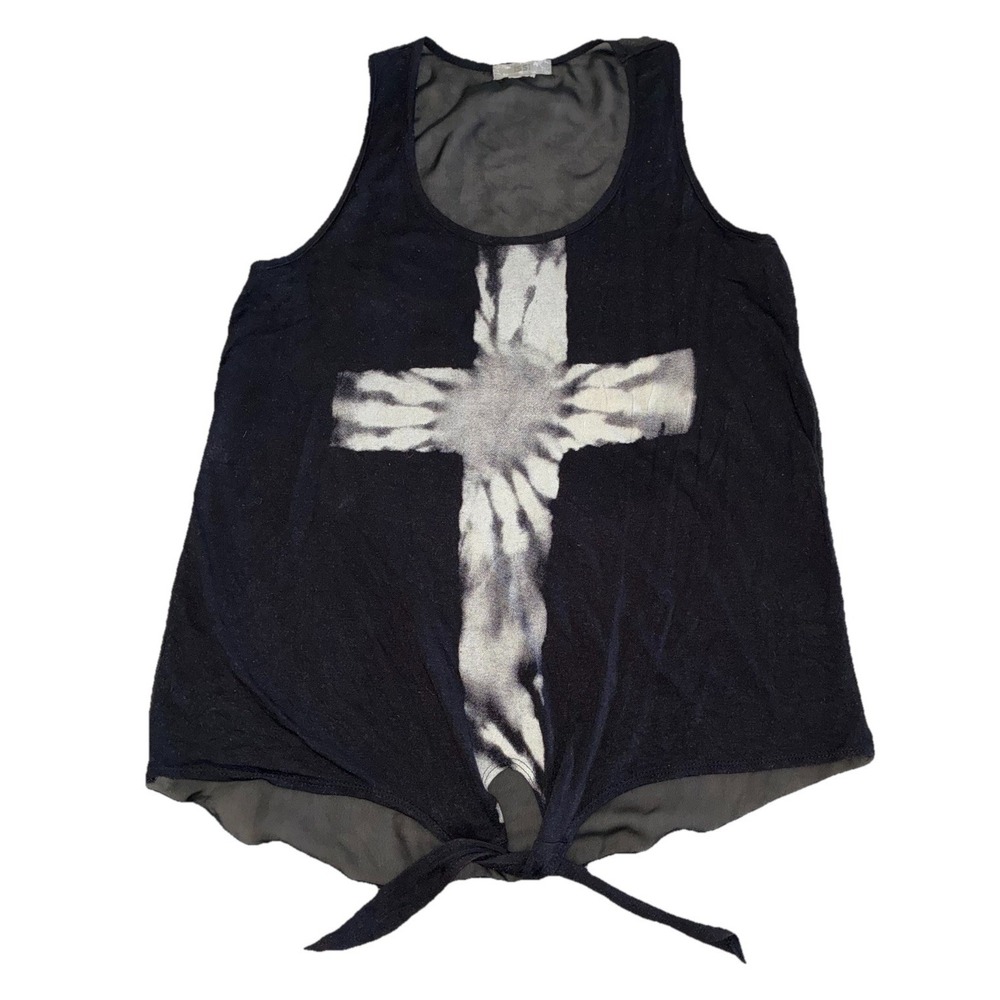 Issi‎ Tank Top Women's M Black Tie Dye Cross Gothic Grunge Mesh Back Whimsygoth